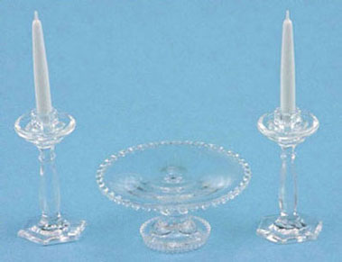 CB70C - Cake Plate with 2 Candlesticks, Clear